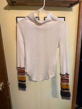Free People Ivory Ribbed Turtleneck with Multicolor Knit Cuffs
